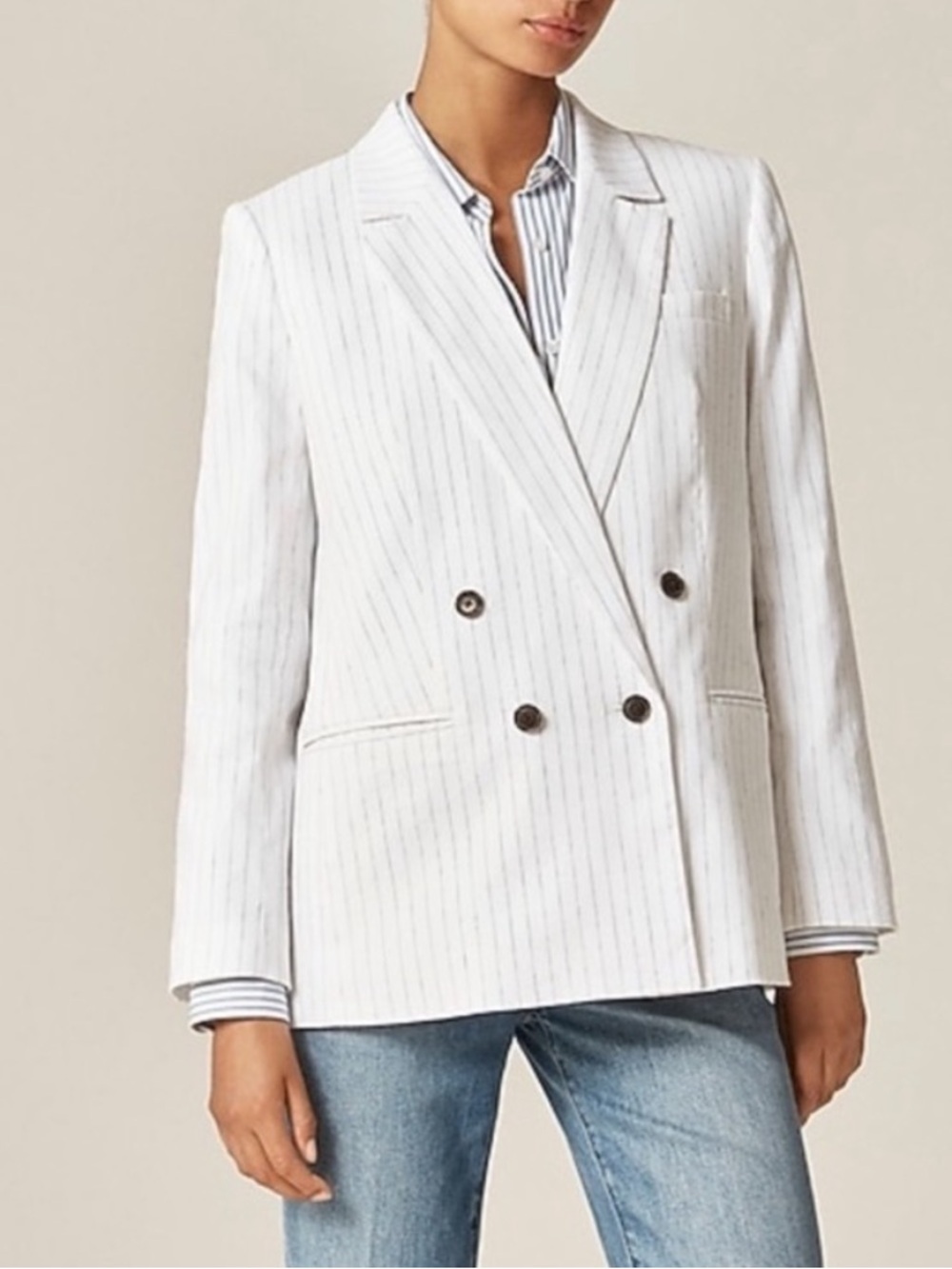 NWT J. Crew Double-breasted blazer in pinstripe linen blend